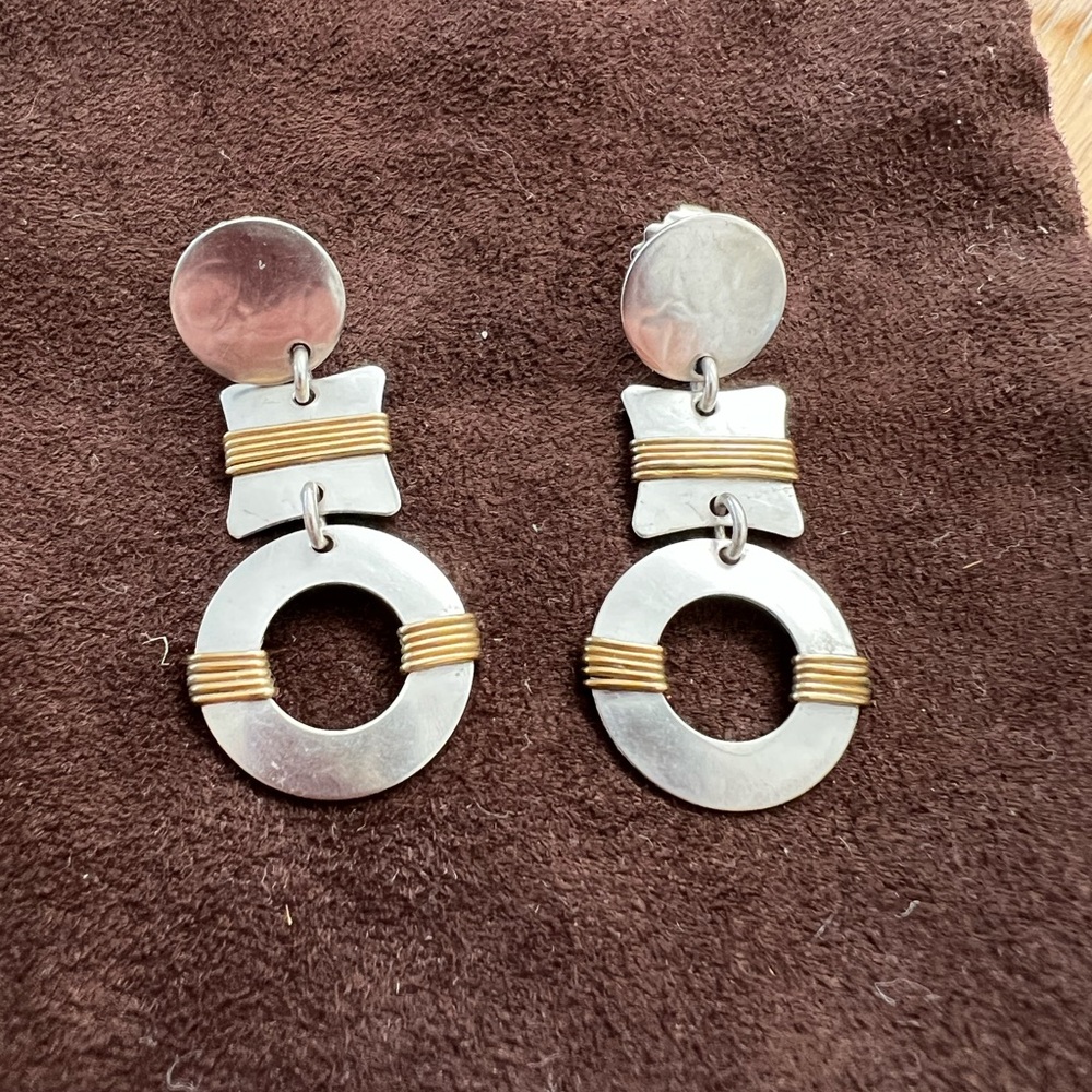 Two-Tone Silver and Gold Drop Earrings — Modern Linked Circles